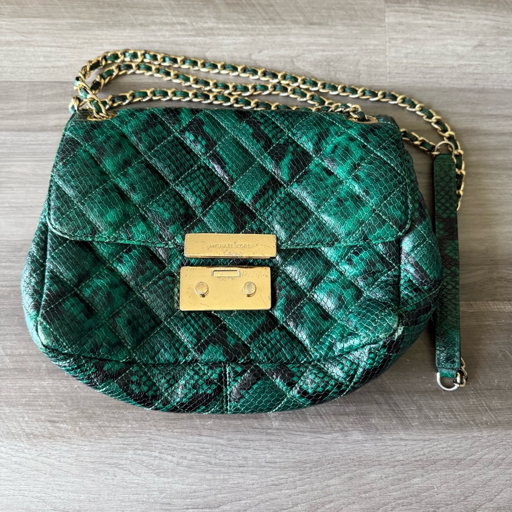 MICHAEL KORS SLOAN PALMETTO GREEN SNAKE LEATHER CROSSBODY SHOULDER BAG